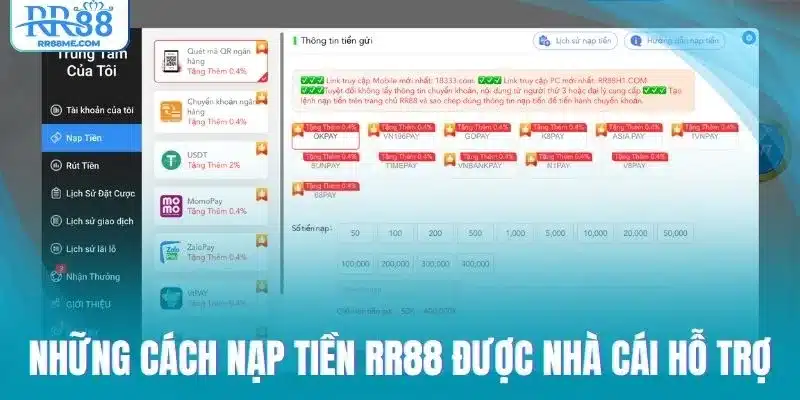 Những cách nạp tiền RR88 được nhà cái hỗ trợ